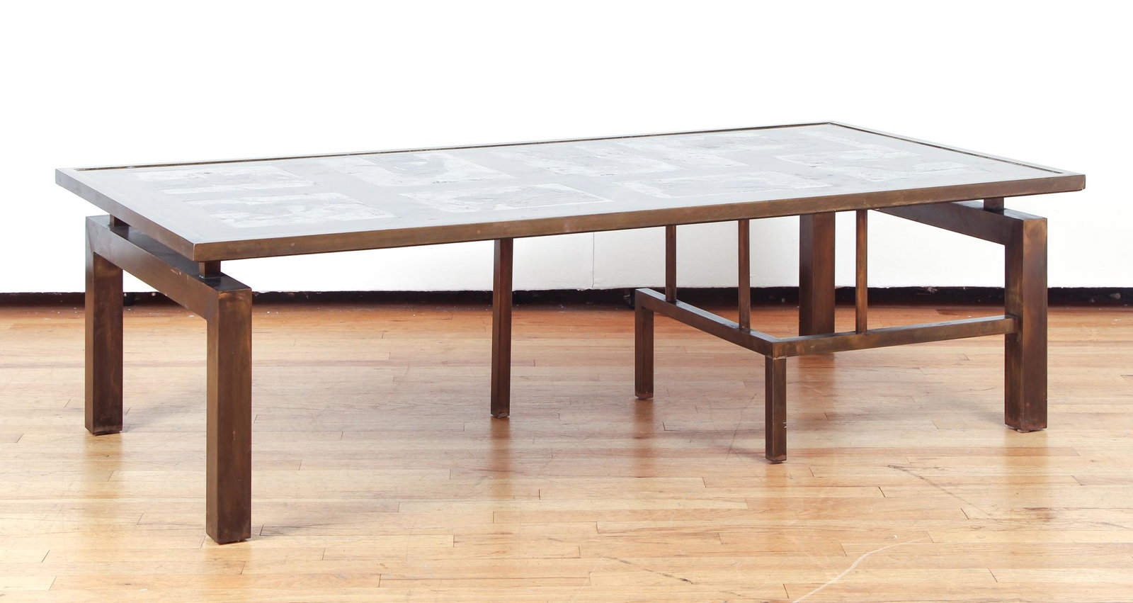 PHILIP & KELVIN LaVERNE Medici Coffee table: PHILIP LaVERNE (1907 - 1987) and KELVIN LaVERNE (b. 1937), Medici coffee table, New York, mid-20th Century, Patinated and enameled bronze, pewter, Raised signature, original paper label, 16 1/2" x 61 