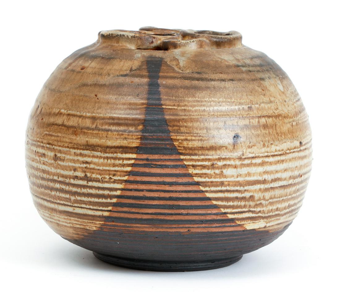 Wesley Mills ceramic Multi-Opening Flower Vase: Mills, Wesley A. (American 1909-2003), Multi-Rimmed Vase, glazed ceramic bowl, 7.5 inches tall, signed on underside, Provenance: The Estate of James Colker