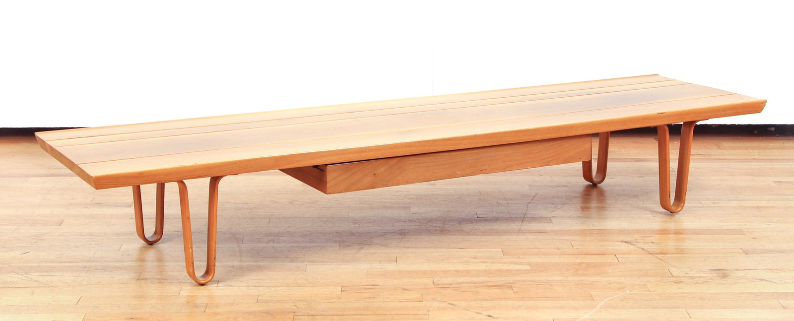 Edward Wormley Dunbar Long John Coffee Table Model 4699: Edward Wormley for Dunbar mid-century modern "Long John" Coffee Table or Bench, Model 4699, rectangular top with single drawer under center, long edges with up-curved lips, raised on four molded hairp