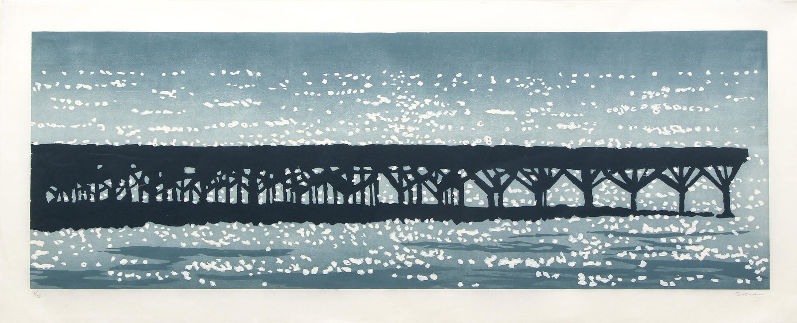 Richard Bosman 1991 color woodcut Jetty: Bosman, Richard (American, b. 1944), Jetty, 1991, color woodcut, 17 1/4 x 49 3/4 inches. Pencil signed and numbered 2/45, framed in maple wood measuring 25 x 57 inches
