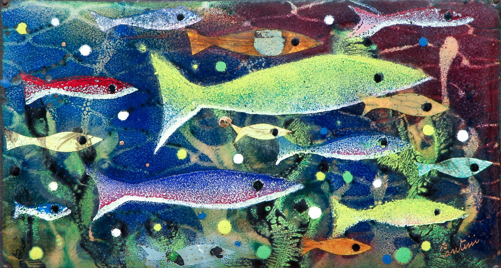 Virgil Cantini enamel on metal relief School of Fish: Cantini, Virgil (Pittsburgh/American, 1919-2009), School of Fish , enamel on metal, 5 x 9 inches, signed Cantini lower right, Provenance: acquired from the artist, framed in the artist's wood shadow b