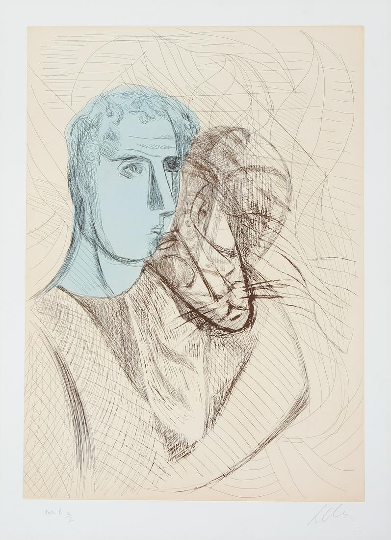 Sandro Chia, 1994 color etching "Young Man and His: Chia, Sandro (Italian, born 1946), Sandro Chia, "Young Man and His Devil", 1994, 2 color etching with hand coloring, 40-1/2" x 29" inches sheet paper size, pencil signed and numbered Pre. P. 2/2 from 