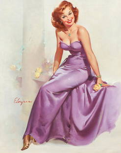 Gil Elvgren 1966 painting Intermission: Elvgren, Gil (Gilette), (American 1914 - 1980), Intermission October 1966, oil on canvas, 30 x 24 inches, signed lower left, Brown and Bigelow October 1966 Pinup Calendar artwork, with accompanying ca