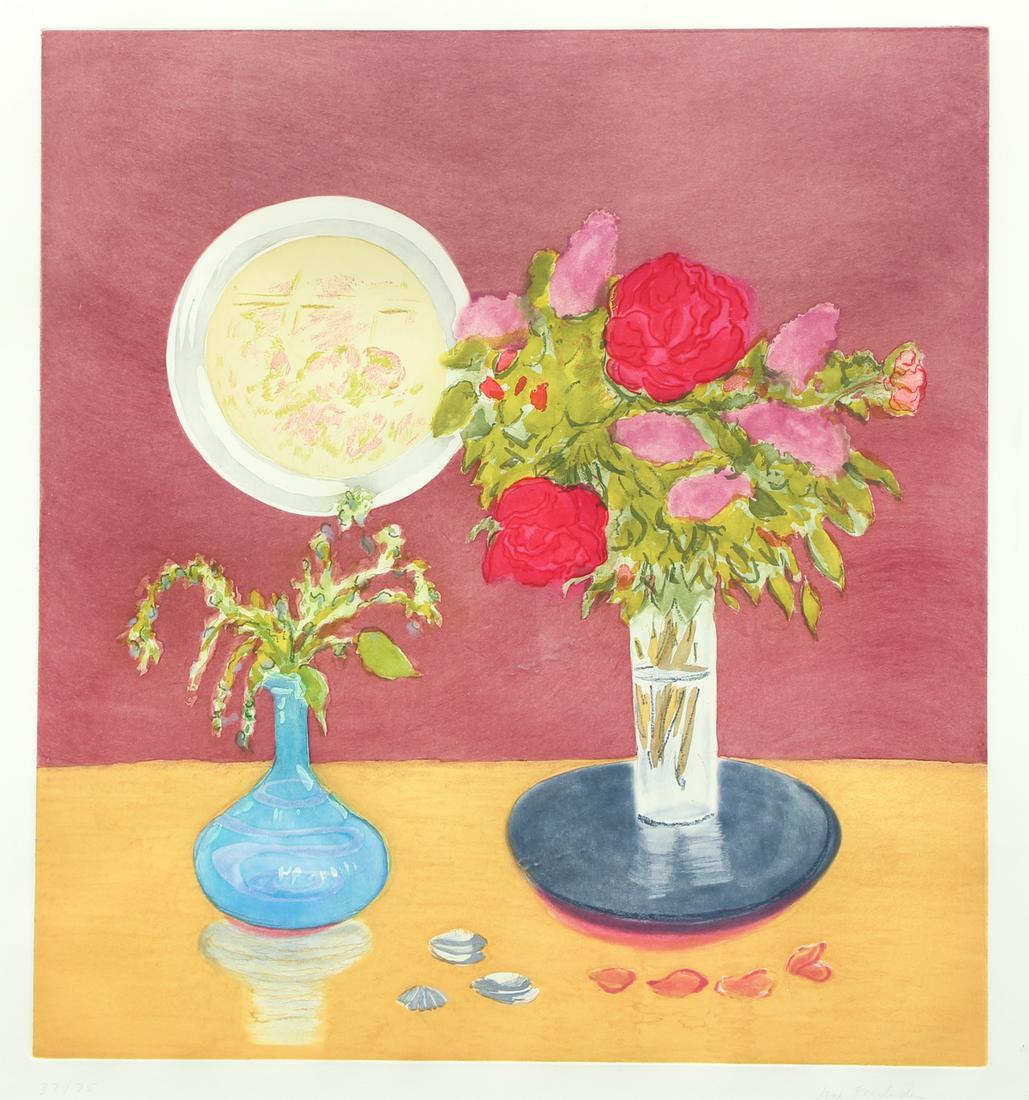 Jane Freilicher 1992 etching and aquatint Bouquet: Freilicher, Jane (American 1924 - 2014), Bouquet, 1992, etching with Aquatint in colors, pencil signed and numbered 37/75, framed in a silver leaf frame measuring 36 x 34 inches