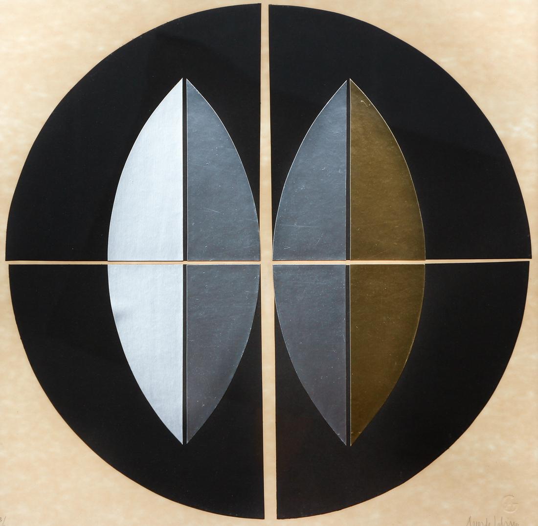 2 Amadeo Gabino 1969 collage multiples: Gabino, Amadeo (Spanish 1922 - 2004), Untitled Black Circle & Untitled Two Pods, 1969, Collage Multiple, signed and numbered in pencil, Edition: 3/80, Size: 19.5 x 19.5 in. (49.53 x 49.53 cm), with th