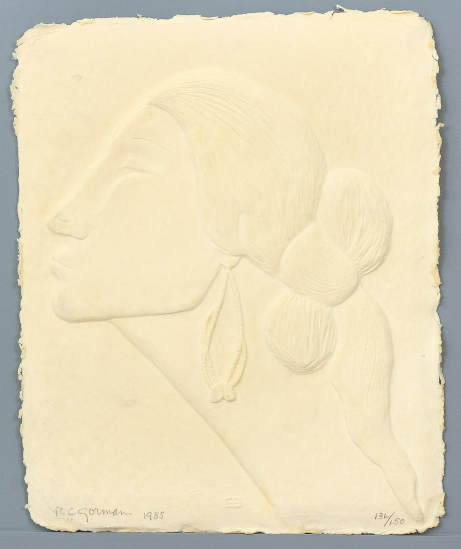 R.C. GORMAN 1985 cast paper relief Angelina: Gorman (Native American, 1931-2005), Angelina, 1985, cast paper relief multiple, pencil signed, dated, and numbered 136/150