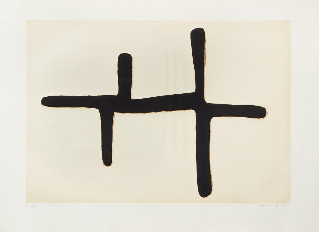 Conrad Marca-Relli 1977 etching and aquatint: Marca-Relli, Conrad (American 1913 - 2000), Composition XI, 1977, Etching and aquatint on Gvarro paper, pencil signed and numbered 7/75. Published in 1977 by Polígrafa Editions, Barcelona. Plate size