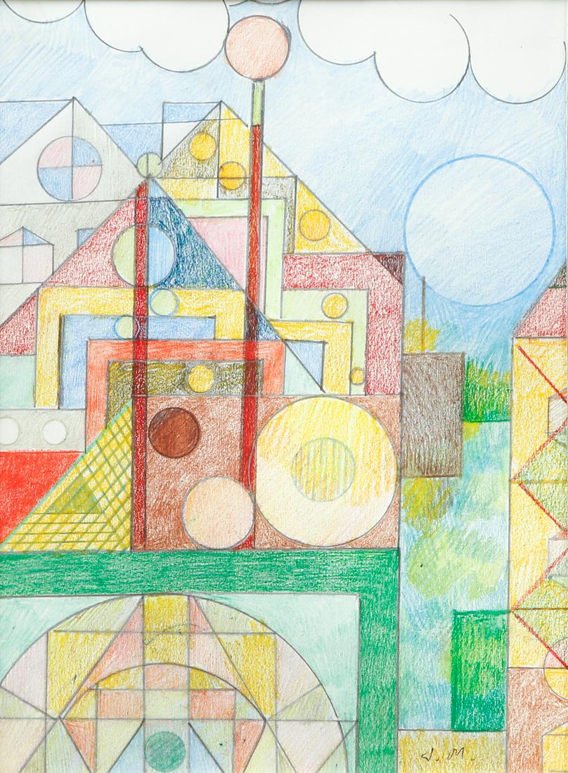 Jacques Maret orig drawing Maison Modern, Nuage: Maret, Jacques (French 1901 - 1975), Palme d'Or, circa 1940, color pencil and crayon, 9.25 x 6.75 inches, signed J. M. lower right, framed in elaborate gilded custom frame measuring 19 x 16 inches