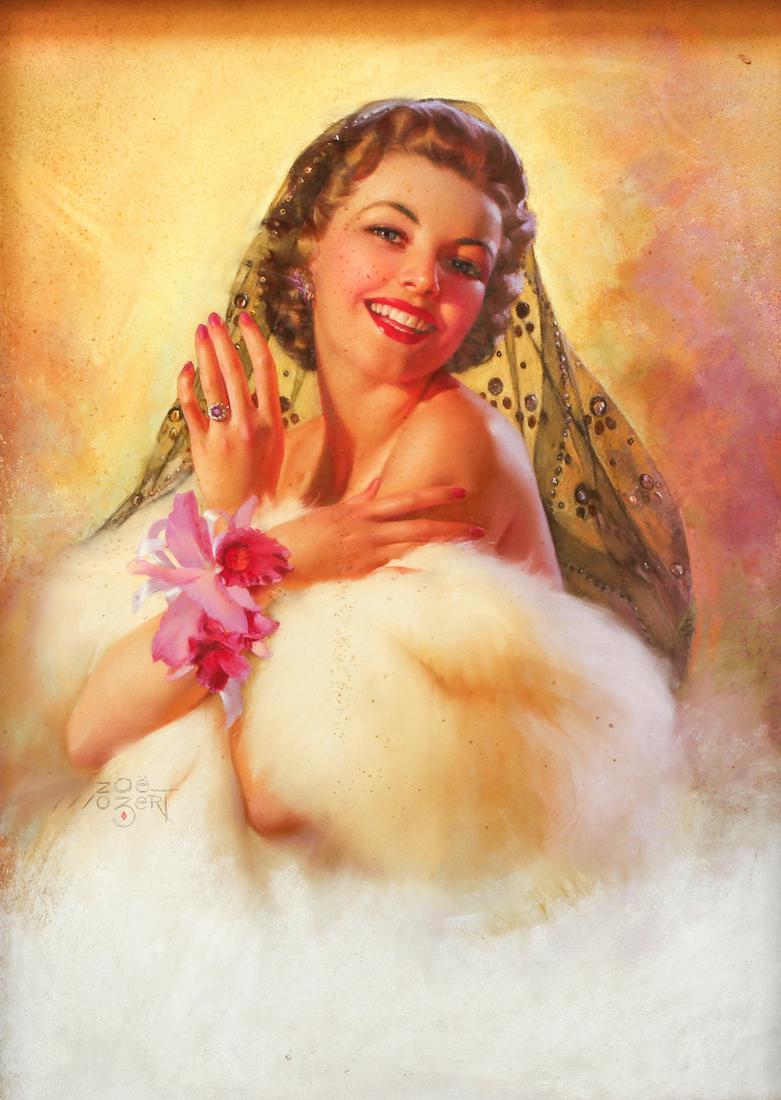 Zoe Mozert pastel Glamourous Woman with an Orchid: Mozert, Zoe (American 1907-1993), Glamourous Woman with an Orchid, (possibly a self portrait) , pastel on board, 32 x 23 inches, signed Zoe Mozert lower mid left, framed in a painted black wood frame