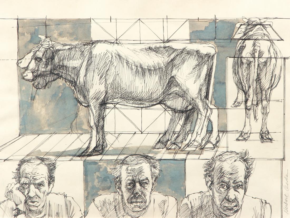 Two Herb Olds Drawings: Olds, Herb(ert) (Pittsburgh/American, 20th century) two drawings, one depicting a Victorian rocking chair, measuring 14 1/2 by 15 inches, and another depicting a cow with three gentleman measuring 11 