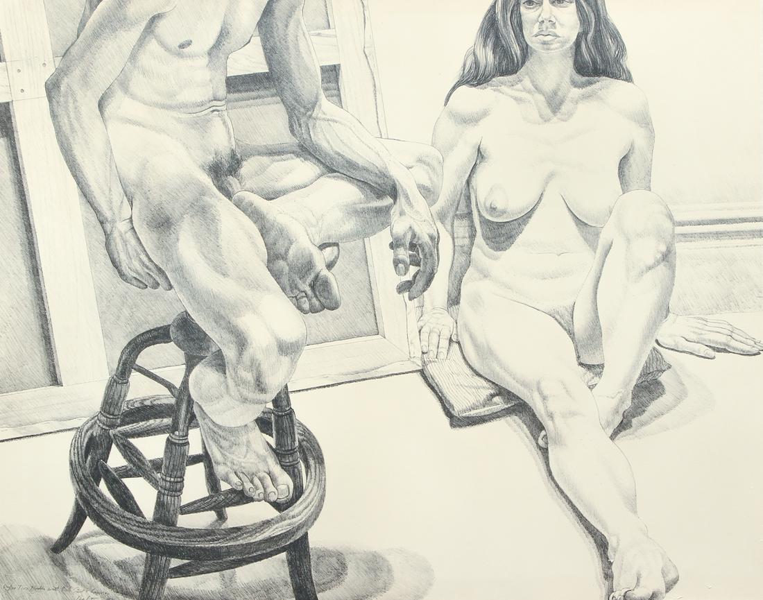 Philip Pearlstein orig litho Two nudes with stool and: Pearlstein, Philip (American, born 1924), Two Nudes with Stool and Canvas, 1976, lithograph, 29 x 36.8 inches, pencil signed and numbered 62/100, Published by Landfall Press, Chicago, framed in silver