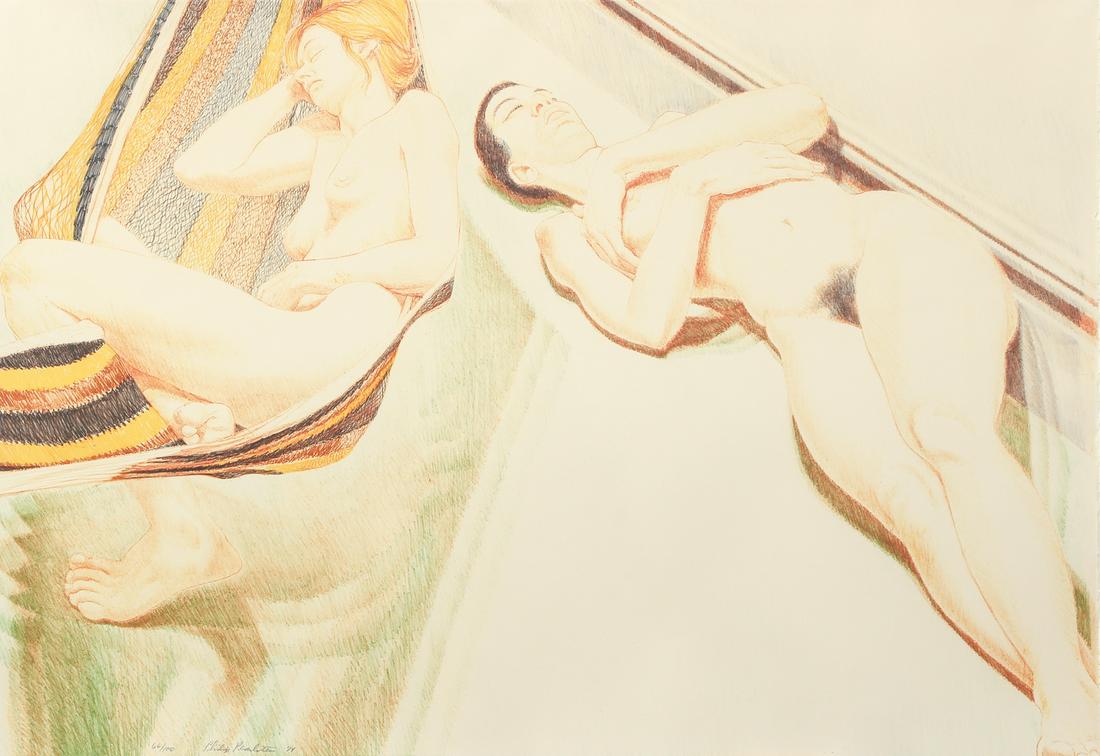 Philip Pearlstein 1974 color litho Two Sleeping Nudes: Pearlstein, Philip (American, born 1924), Two Sleeping Nudes, 1974, lithograph printed in colors, 24.5 x 35.5 inches, pencil signed and numbered 66/100, Published by Landfall Press, Chicago, framed in