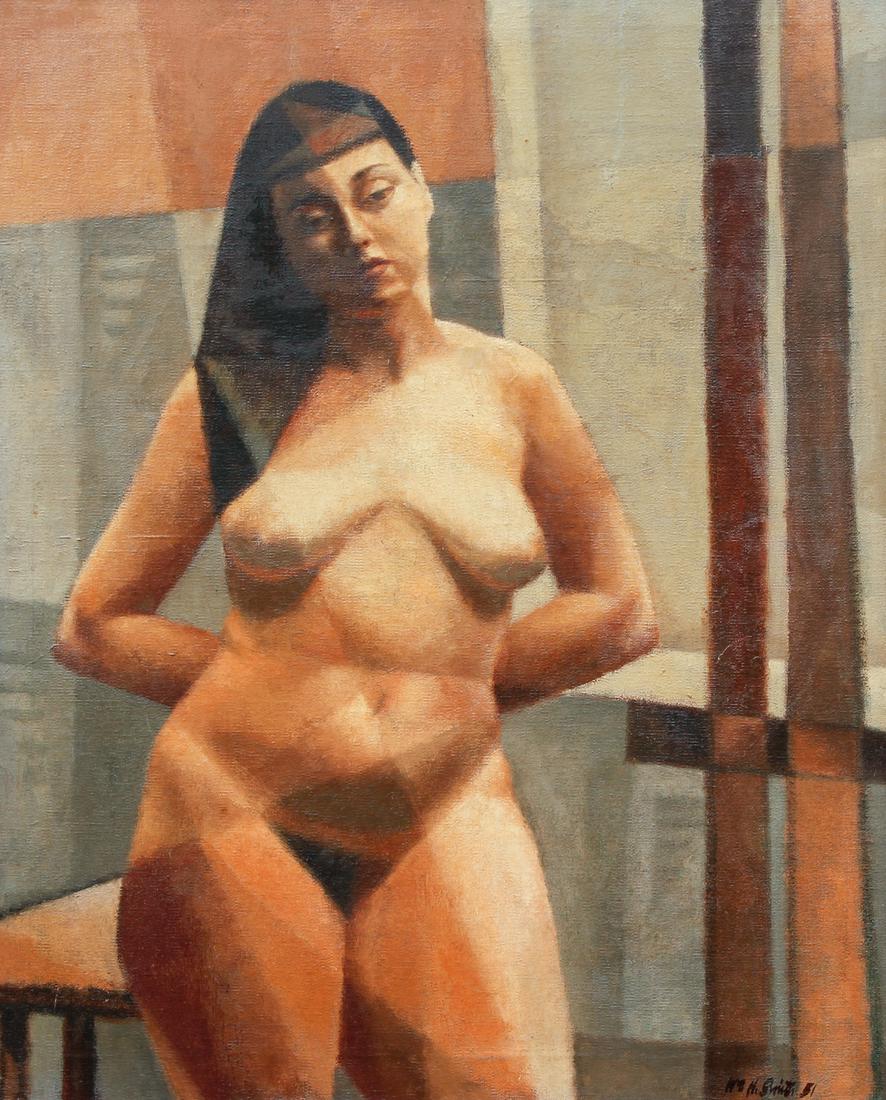 William Harold Smith 1951 oil Cubist Nude: Smith, William Harold (American, 1900 - 1982), Cubist Nude, 1951, oil on canvas, 32 x 26 inches, signed and dated lower right and signed on canvas reverse, framed in the artist's flat panel frame meas