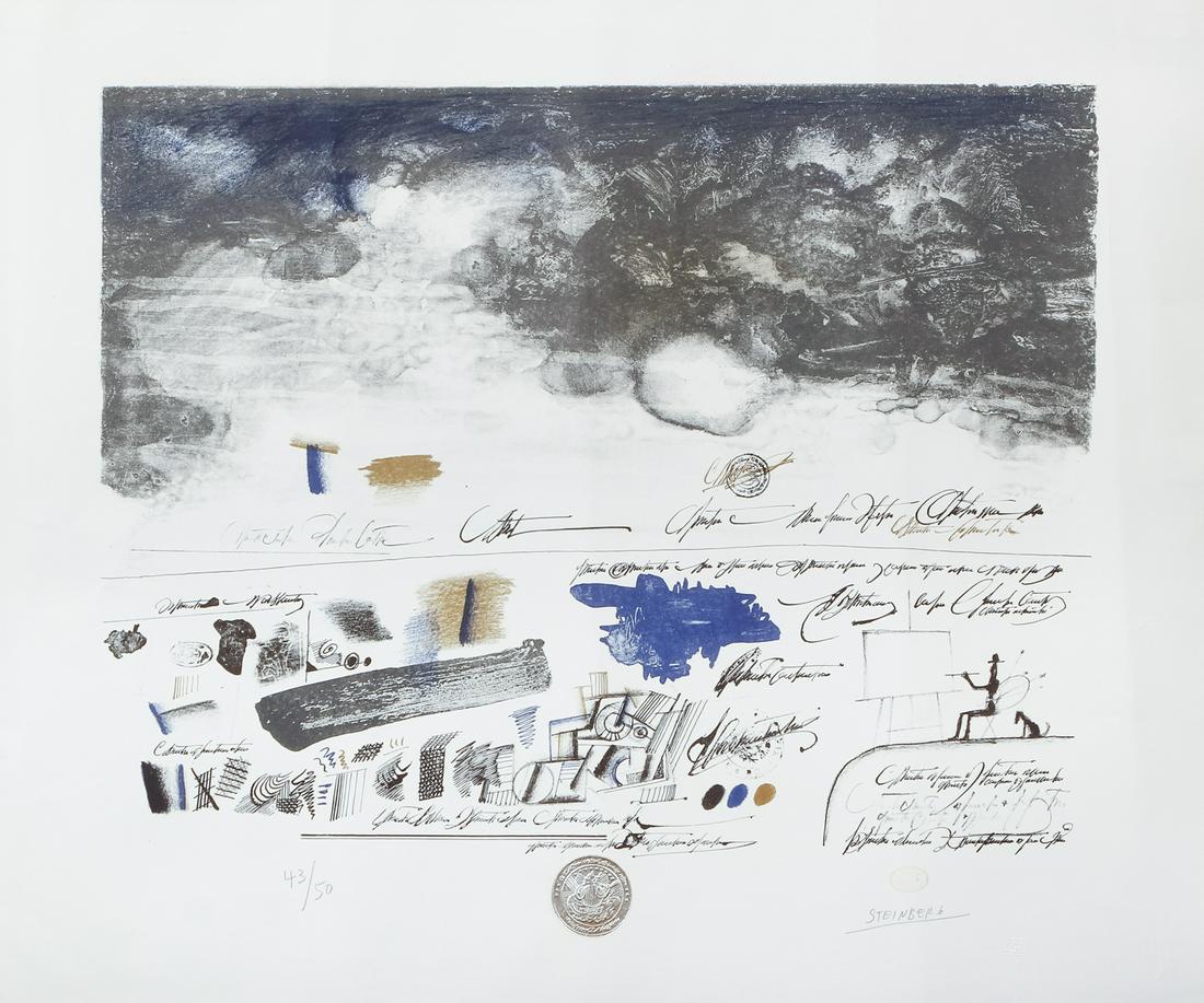 Saul Steinberg Certified Landscape circa 1968: Steinberg, Saul (American 1914-1999), Certified Landscape, 1968, lithograph in colors with gold embossed label and rubber stamp on Rives BFK paper, 22 x 26 inches (sheet size), pencil signed and numbe