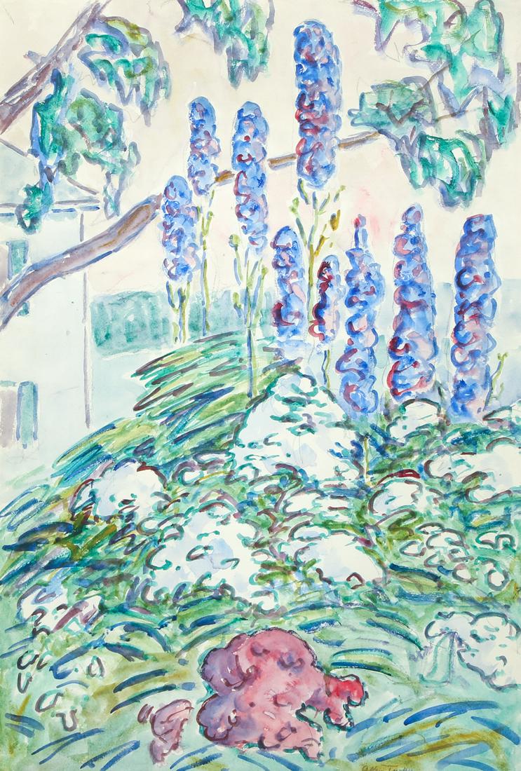 Allen Tucker 1937 watercolor The Garden: Tucker, Allen (American 1866 - 1939), The Garden, 1937, watercolor on paper, signed and dated Allen Tucker 1937 lower right, 27.63" x 18.75" (70.18cm x 47.63cm), framed in a gilded wood frame measurin
