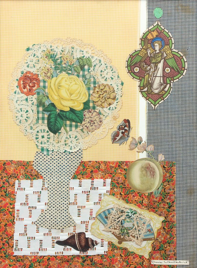 Gloria Vanderbilt 1976 collage, The Angel: Vanderbilt, Gloria (American 1924 - 2019), The Angel, 1976, mixed media, embroidered and printed cloth, pre-printed paper collage, 24.5 x 18.5 inches, signed in ink on a paper collage element, Provena