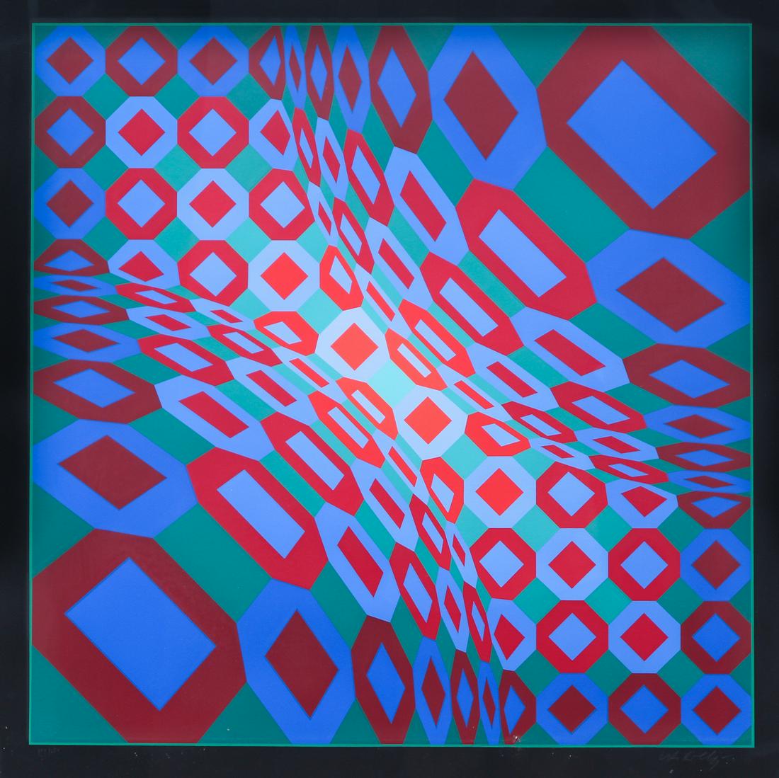 Victor Vasarely orig serigraph Untitled Abstract: Vasarely, Victor, ( born 1908 Pecs Hungarian - 1997 Paris) Untitled, serigraph printed in colors, pencil signed 151/250 , Dimensions: 29 x 29 inches, framed in a silver metal measuring 29 x 29 inches