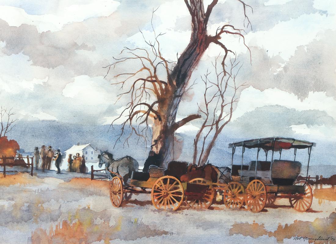Nat Youngblood watercolor Amish Farmers Conversing in a: Youngblood, Nat (American/Pittsburgh, 1916-2009), Amish Farmers Conversing in an Autumn Field, 1973, watercolor, 22 x 30 inches, signed and dated lower right, National Gallery, Washington Pa., framed 