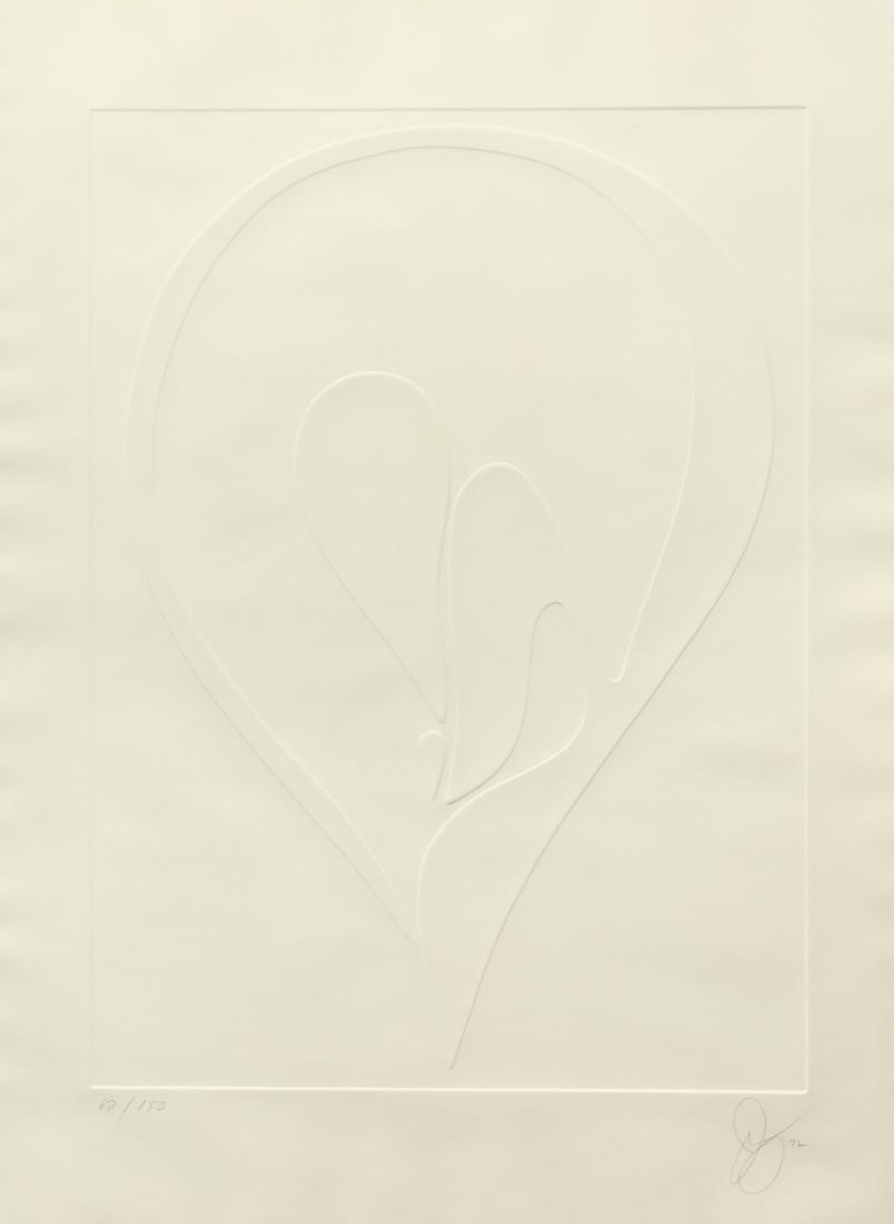 Jack Youngerman one from the White Portfolio: Youngerman, Jack (American, born 1926), from the "White Portfolio" 1972, intaglio or blind embossing , 28.25 x 20.75 inches , pencil signed and numbered 62/150, framed in a museum floated maple wood f