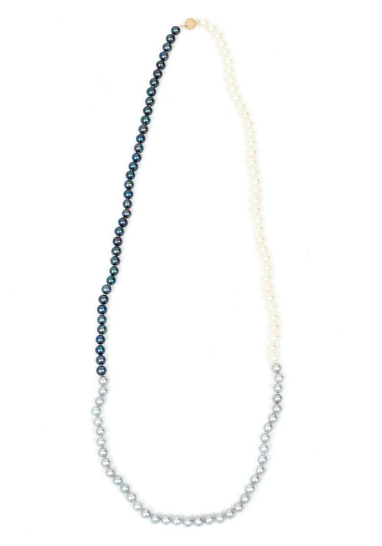 14K Cultured Pearl Tri-Colored Necklace: 14K cultured pearl tri-color necklace. The necklace is comprised of natural white, silver grey and black pearls of approximately 8.5 mm in width. The hidden clasp is a jewel cut bead in 14K yellow gol