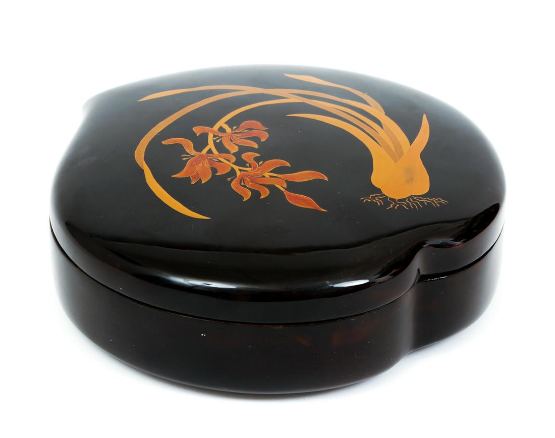 Orchid Themed Japanese Lacquer Box: Orchid themed Japanese lacquer box, 2 1/2 by 8 by 8 inches.