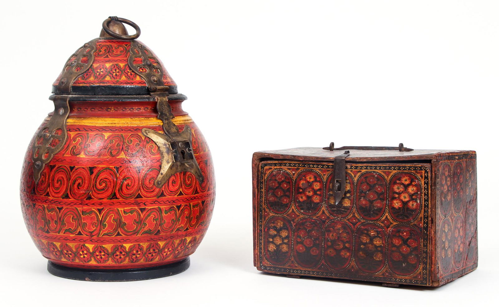 Two Indian Decorative Boxes: Two Indian decorated boxes, one square measuring 7 by 7 by 10 inches, and the other gourd shaped measuring 13 by 9 inches.