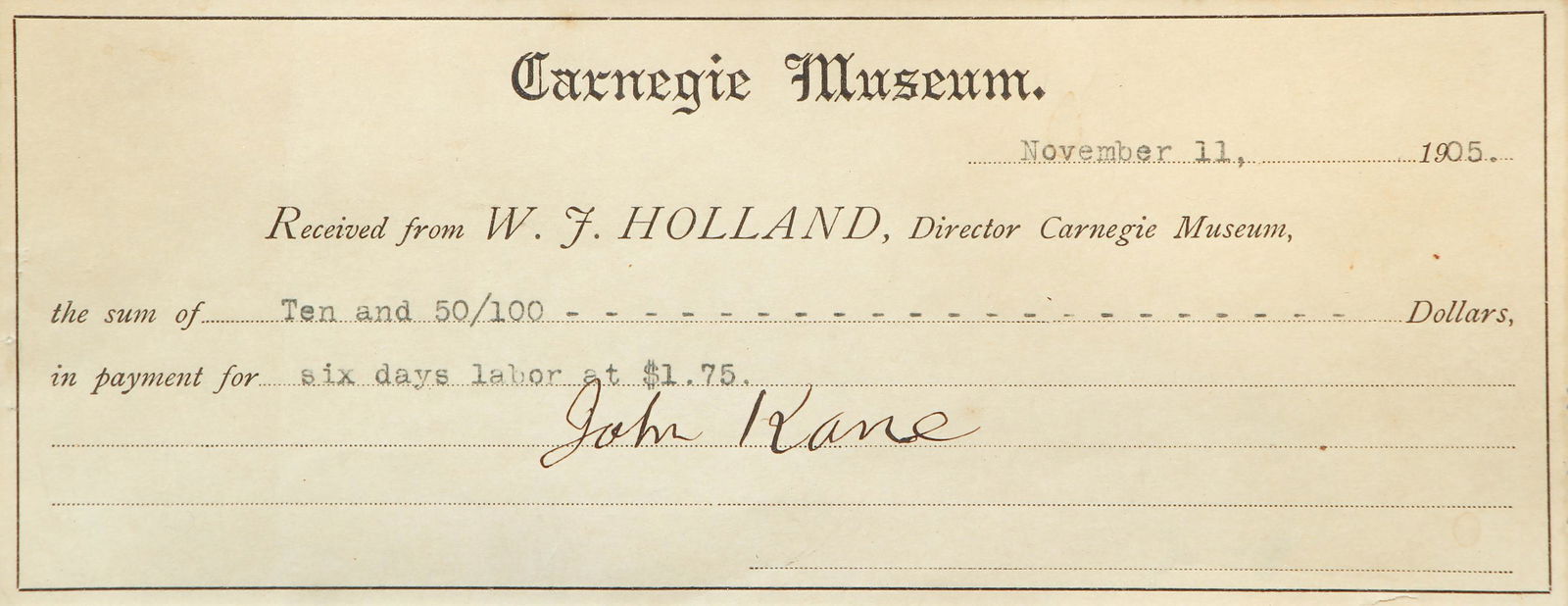 John Kane signed receipt from Carnegie Museum 1905 (1 of 6)