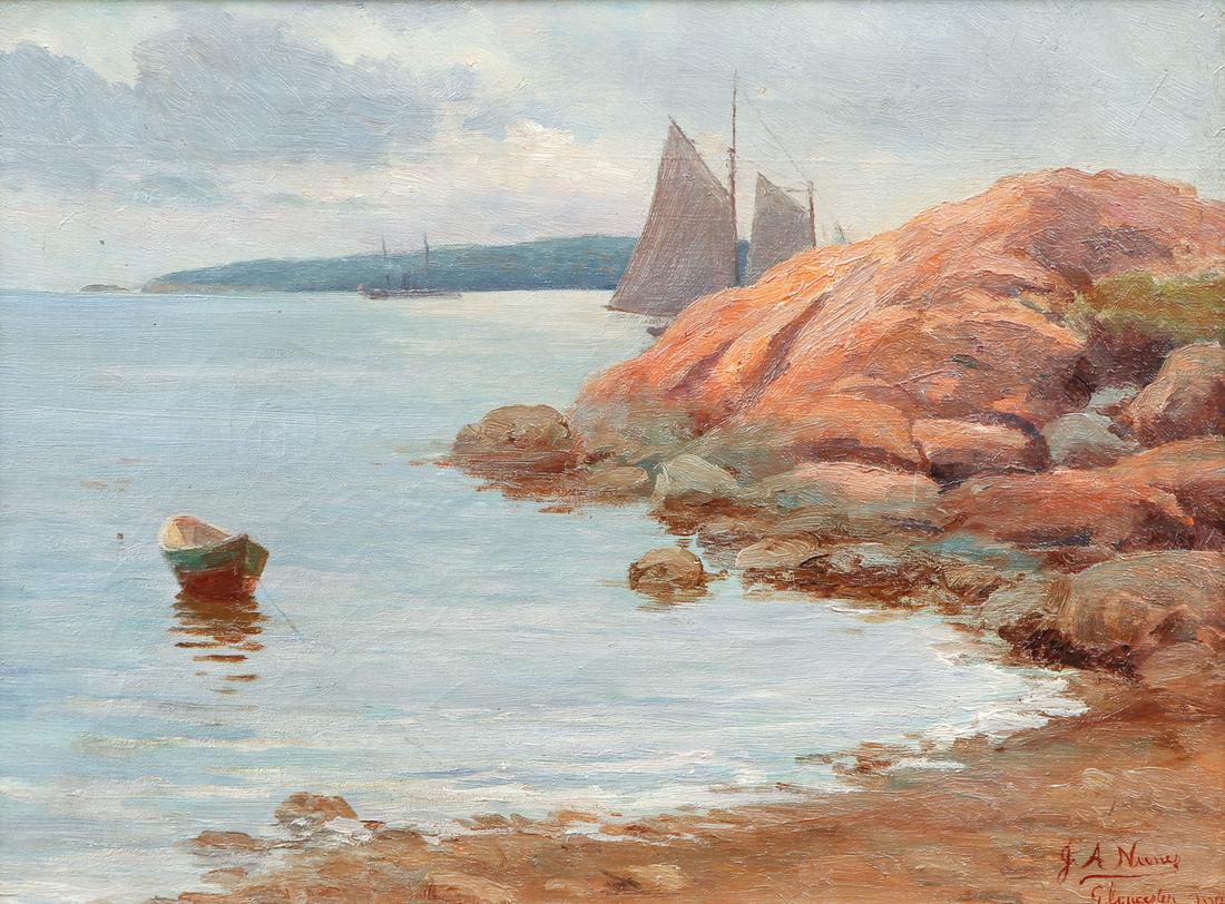 Gloucester Seascape Signed Nunes: Nunes, JA (Mass, early 20th century) Gloucester seascape and harbor with a variety of seafaring vessels including a rowboat, sailboat and a small steamer, oil on canvas measuring 11 by 15 inches in a 