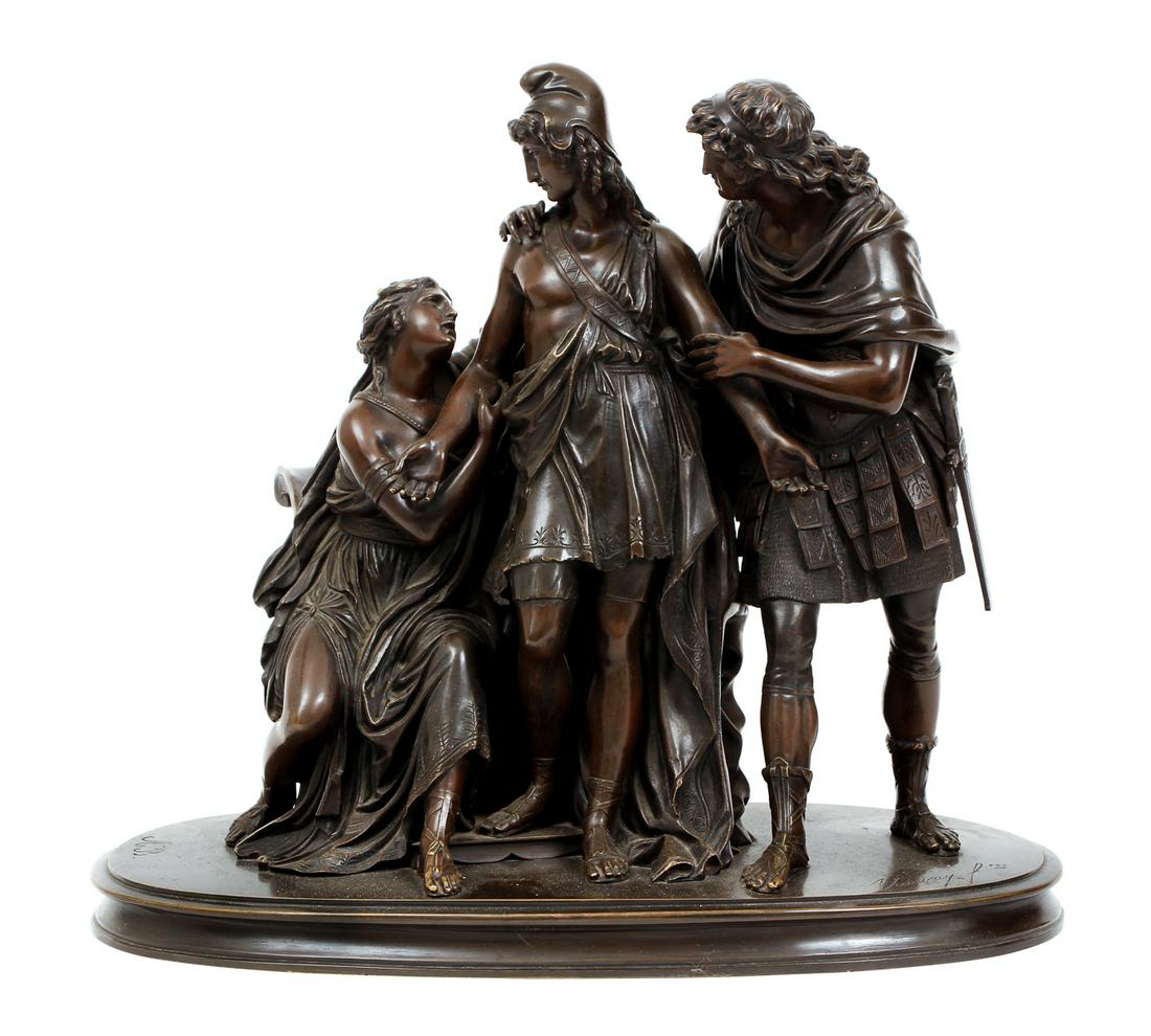 Vauvray Freres Neoclassical Bronze: Vauvray Freres neoclassical bronze of three figures, artist signed A. B. and Vauvray Freres, measuring 14 by 14 by 9 inches.