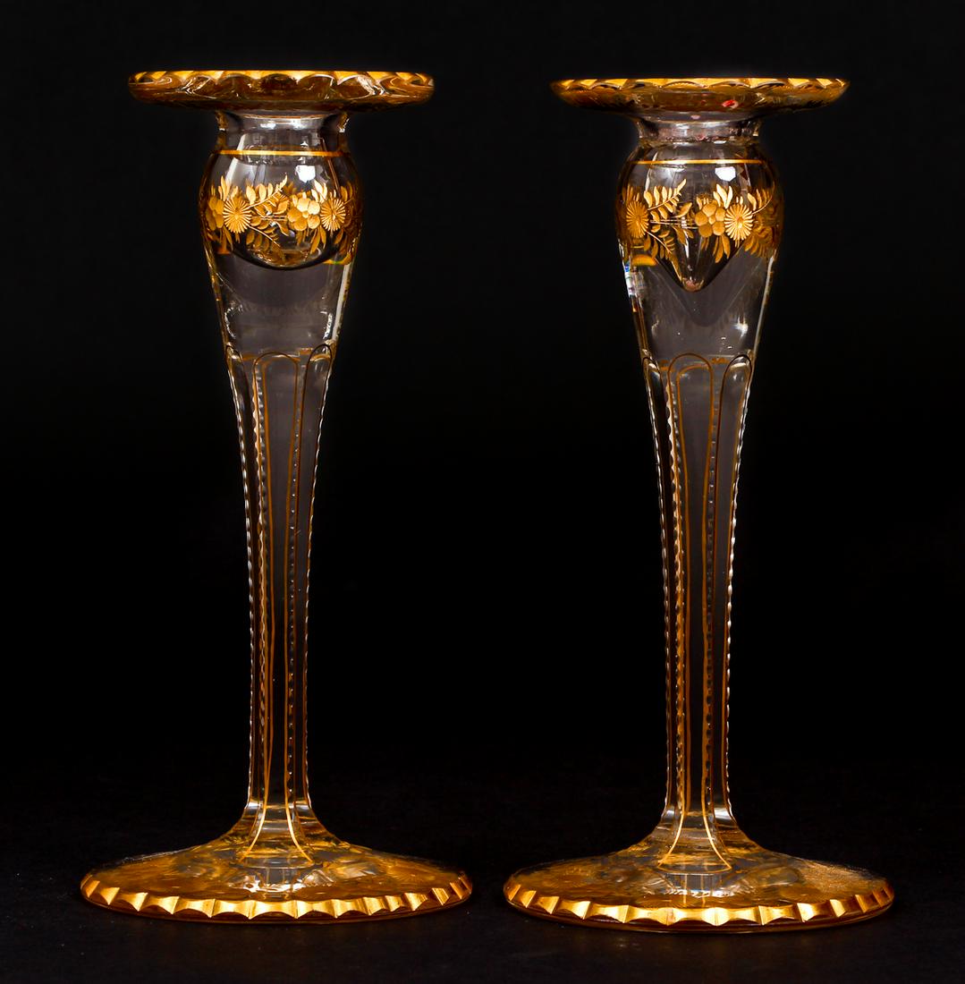 Pair of Etched and Gilt Glass Candlesticks (1 of 8)