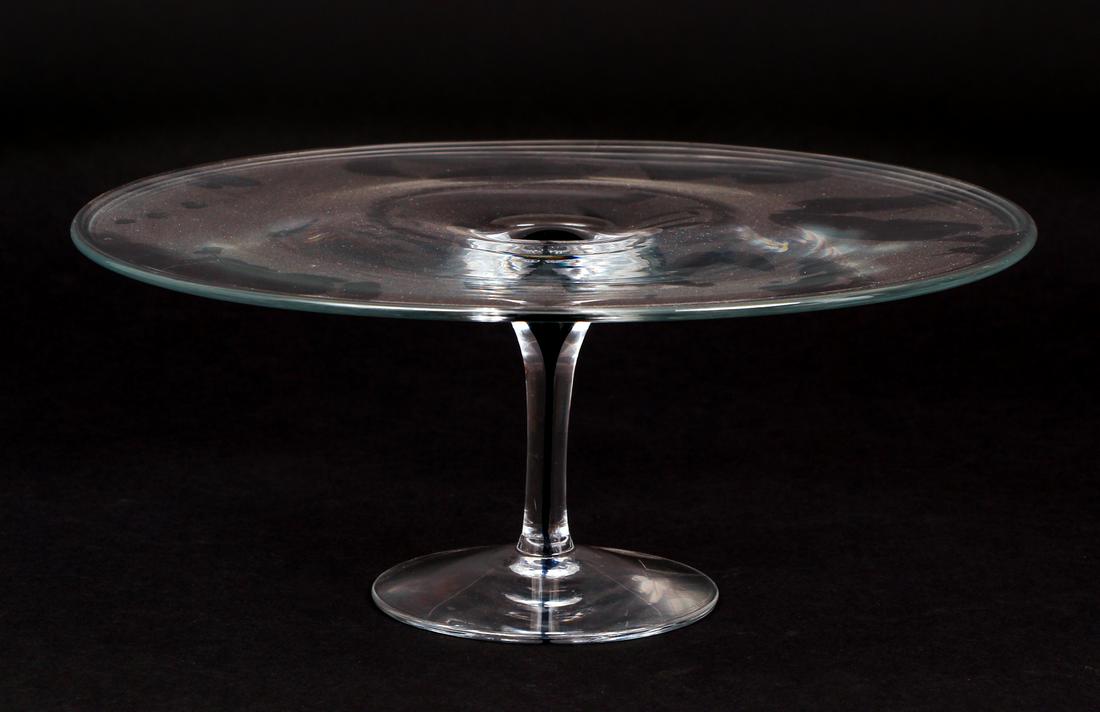 Modernist Orrefors Sweden Cake Stand: Modernist Orrefors Sweden, clear crystal glass with a cobalt interior, 5 1/4 by 13 inches.
