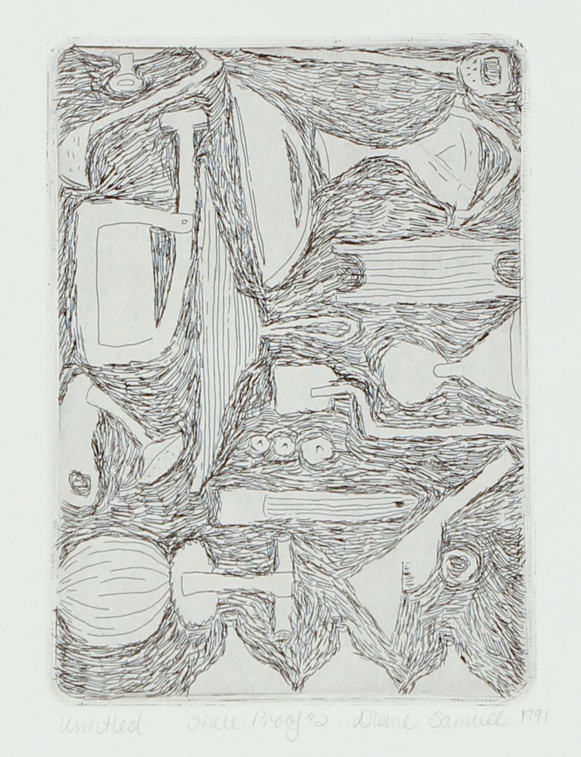 Diane Samuels Etching 1991: Samuels, Diane (American, 1954-) Untitled. State Proof #2. 1991. Etching. Print size 7 x 5, paper size 15 x 11. Title, designation, signature and date written below the print in pencil.