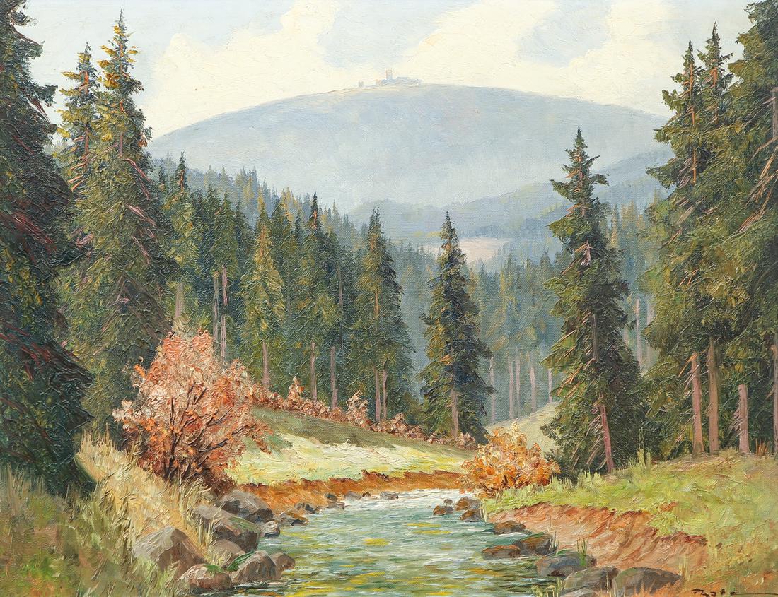 Fritz Thate 1966 oil Harz Mountains Landscape: Thate, Fritz (German 1889 - 1968), Harz Gebirge Brockenblick im Ecker-Tal (Harz Mountains Brockenblick in the Ecker Valley), 1966, oil on canvasboard, 15.5 x 20 inches, signed lower right, framed in a