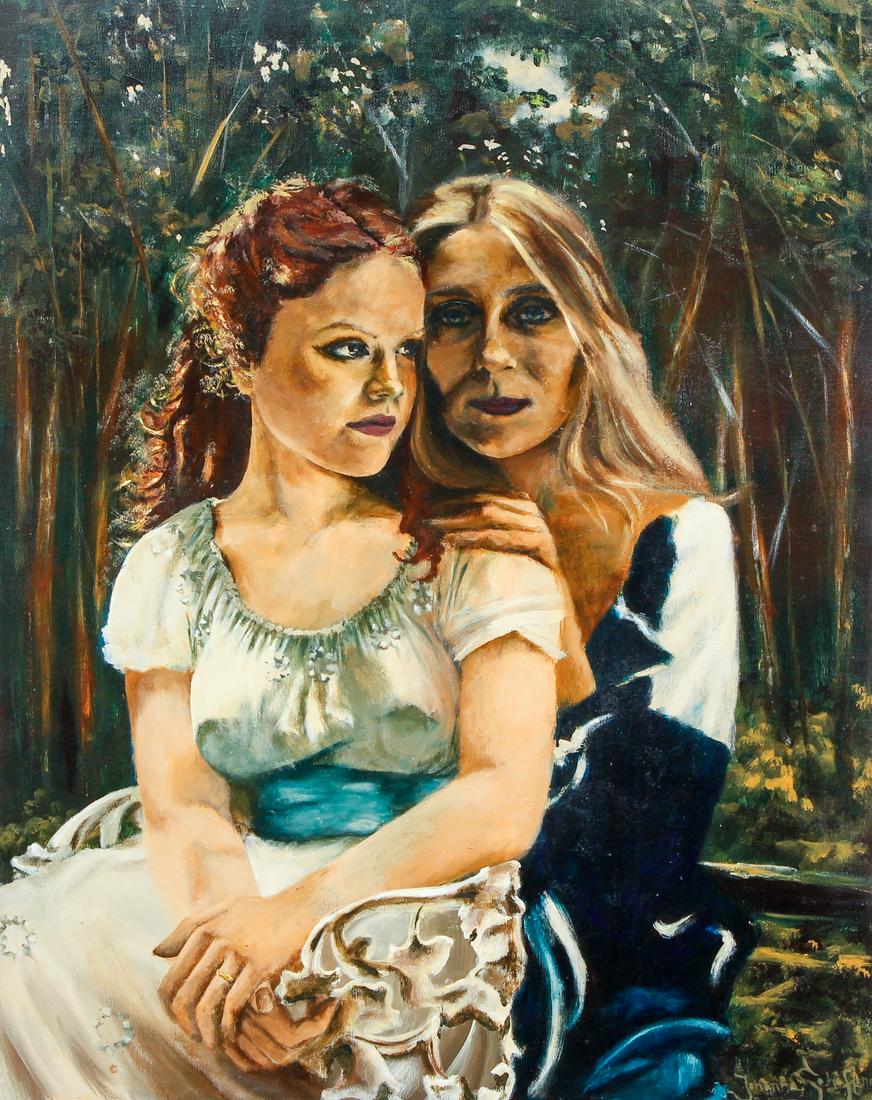 Johanna Schaftenaar Oil Portrait of Vanessa & Renee: Vanessa & Renee, portrait of two women, Schaftenaar, Johanna (20th century), 1977, oil on canvas, signed lower right, 30 x 24, dark painted wood strip frame, 30.5 x 24.5 inches