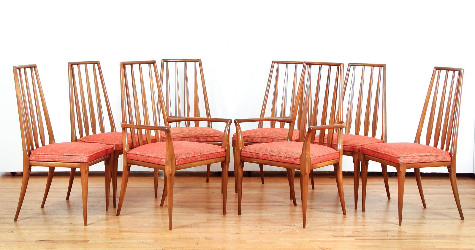 8 Widdicomb Dining Chairs: 8 John Widdicomb Dining Chairs, 2 Arm Chairs and 6 Dining Chairs with cross stitched red and beige upholstery, 37.5 x 18 x 19 inches,