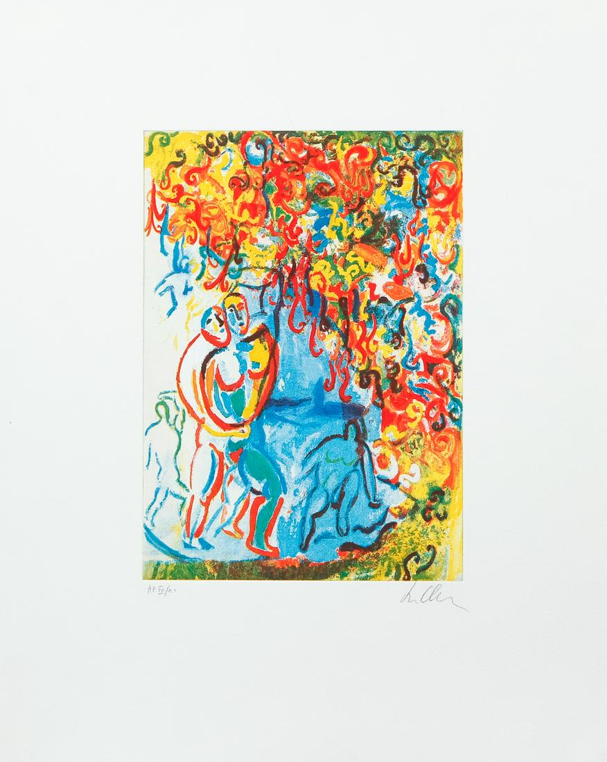 2 Sandro Chia Figural etching and aquatints: Chia, Sandro (Italian, bron 1946), 2 Figural Compositions, etching and aquatint printed in colors,15 x 10.5 inches, pencil signed and numbered A. P. VII/x and A.P. X/X, with Stampiera Berardinelli, Ve