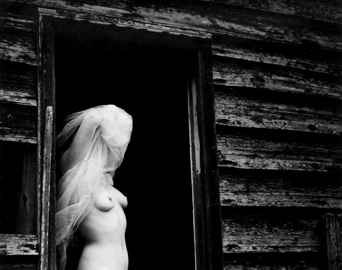Larry Colwell Female Nude Photo: Colwell, Larry (American, 1911-1972), Female Nude With Sheer Cloth Over Face. Silver gelatin print, framed in black wood 14.75 x 16 inches, 7.75 x 9.5 inches (sight).