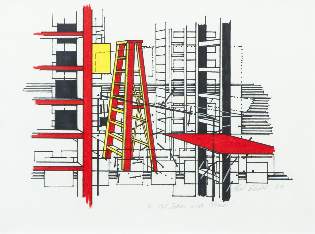 Paul Glabicki 4 Frame drawings and Sequence Diagram: Glabicki, Paul (Contemporary Western Pa.), 4 frames for film "Object Conservation" 1986 and a sequence diagram for film "Film Wide Film" 1986, pencil, ink, collage, and mixed media on paper measuring,