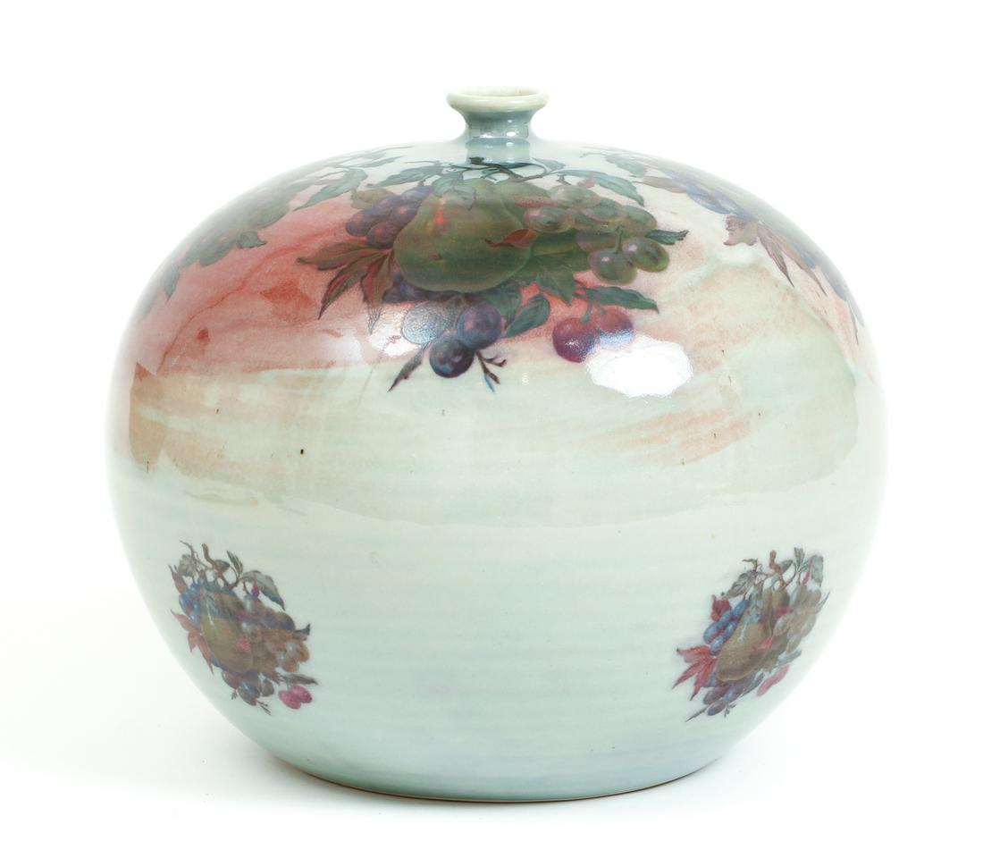 Regis Brodie Painted Ceramic Vessel: Brodie, Regis (American, b.1942), Large painted ceramic vessel with fruit design, artist's name incised on base, diameter approximately 9 inches at widest point, height 8.5 inches. Provenance: A lifel