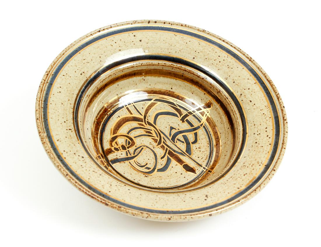 Tyrone Julie Larson Ceramic Bowl: Larson, Tyrone and Julie (Americans/Asheville, NC, 20th/21st century), Ceramic glazed bowl with gilt accents, signed by both artists on base, 10 inch diameter, height 2.75 inches. Provenance: A lifelo