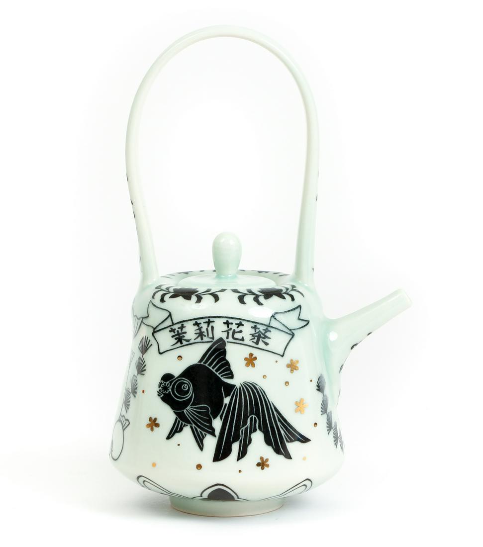 Yoko Sekino Bove Teapot Japanese: Sekino-Bove, Yoko (Japanese/American/Western PA, 21st cent.), Japanese style lidded teapot with koi motif, artist's name incised on base, height 10 inches.