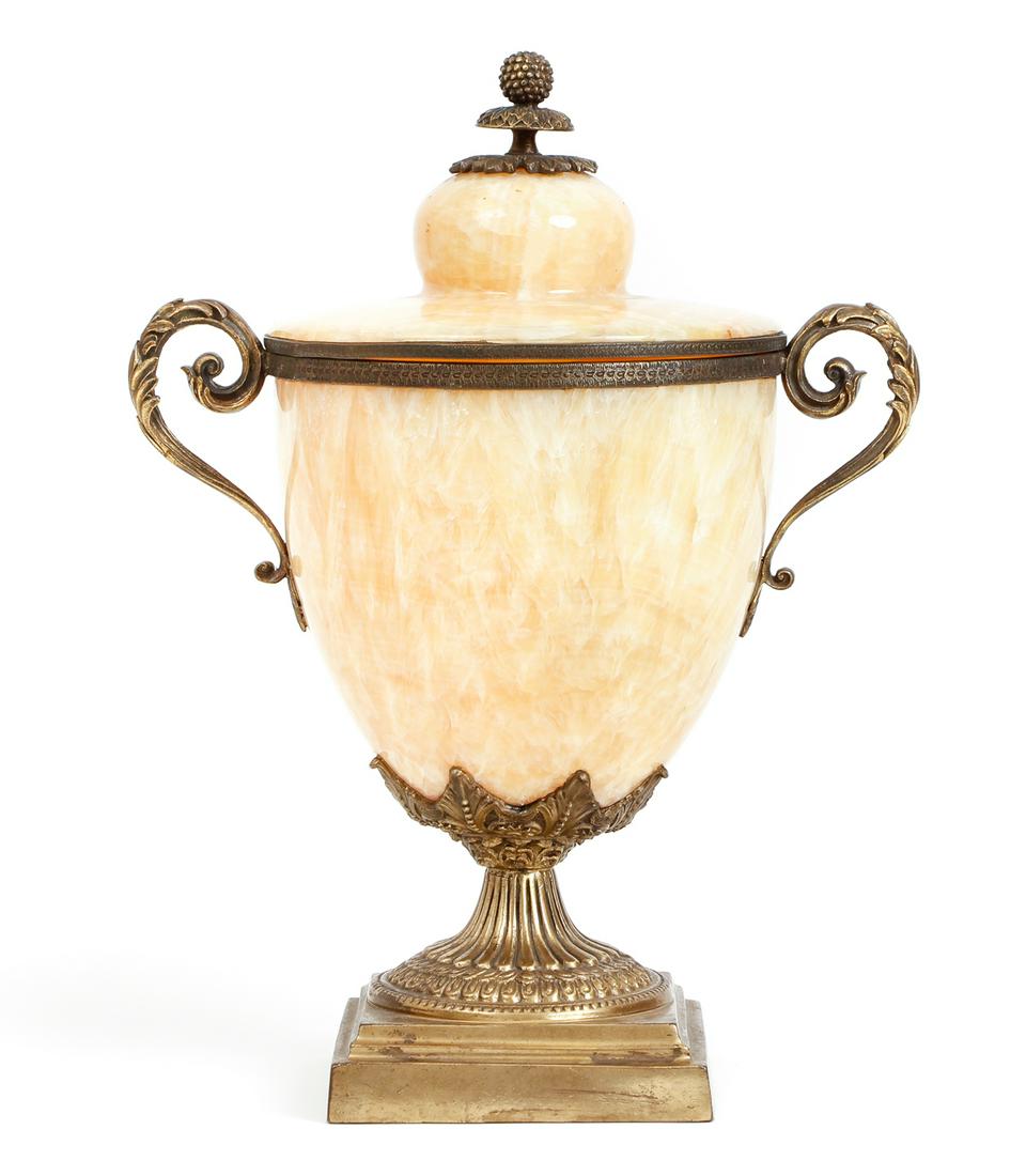 Alabaster or Onyx Lidded Vase w/ Handles: Liddes Vase with Handles, alabaster or onyx, on metal base, pinecone finial, height 12 inches (not including stand or base), diameter 7.5 inches, late 19th century. Provenance: From the collection of 