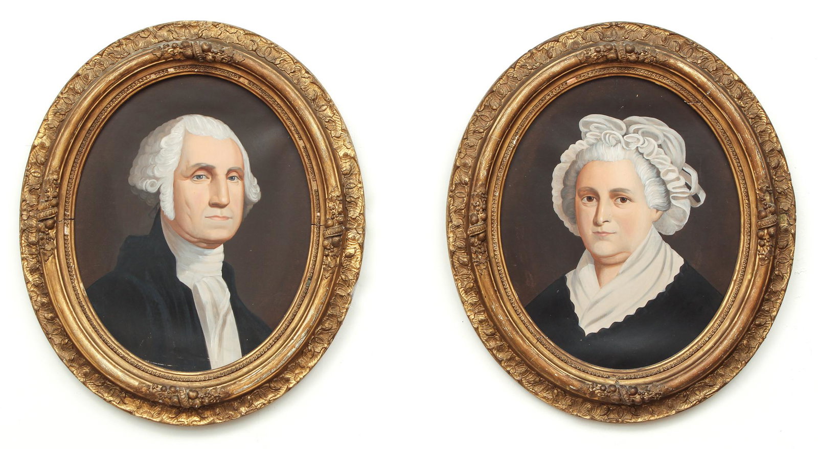George Martha Washington Chromolithos Antique: Antique chromolithographs of George and Martha Washington, each measuring 16 by 13 inches, in gold frames measuring 22 by 19 inches.