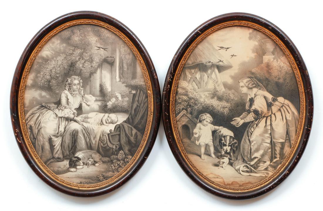 Pair Oval Engravings Mother Child Dogs: Pair of antique oval shaped engravings showing a mother and child, and a mother dog with her puppy in analogous poses, c.19th century, 13.5 x 10.5 inches in 20th century wood frames.