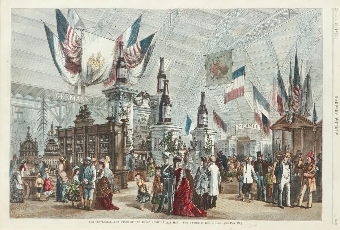 3 19th Century Harpers framed wine making subjects: From Harpers Weekly 19th Century, hand colored wood engravings wine making subjects: The Vintage of Medoc, Centennial Exhibition -The Wines Of The Rhine-Gathering Grapes, October on the Hudson, wood e