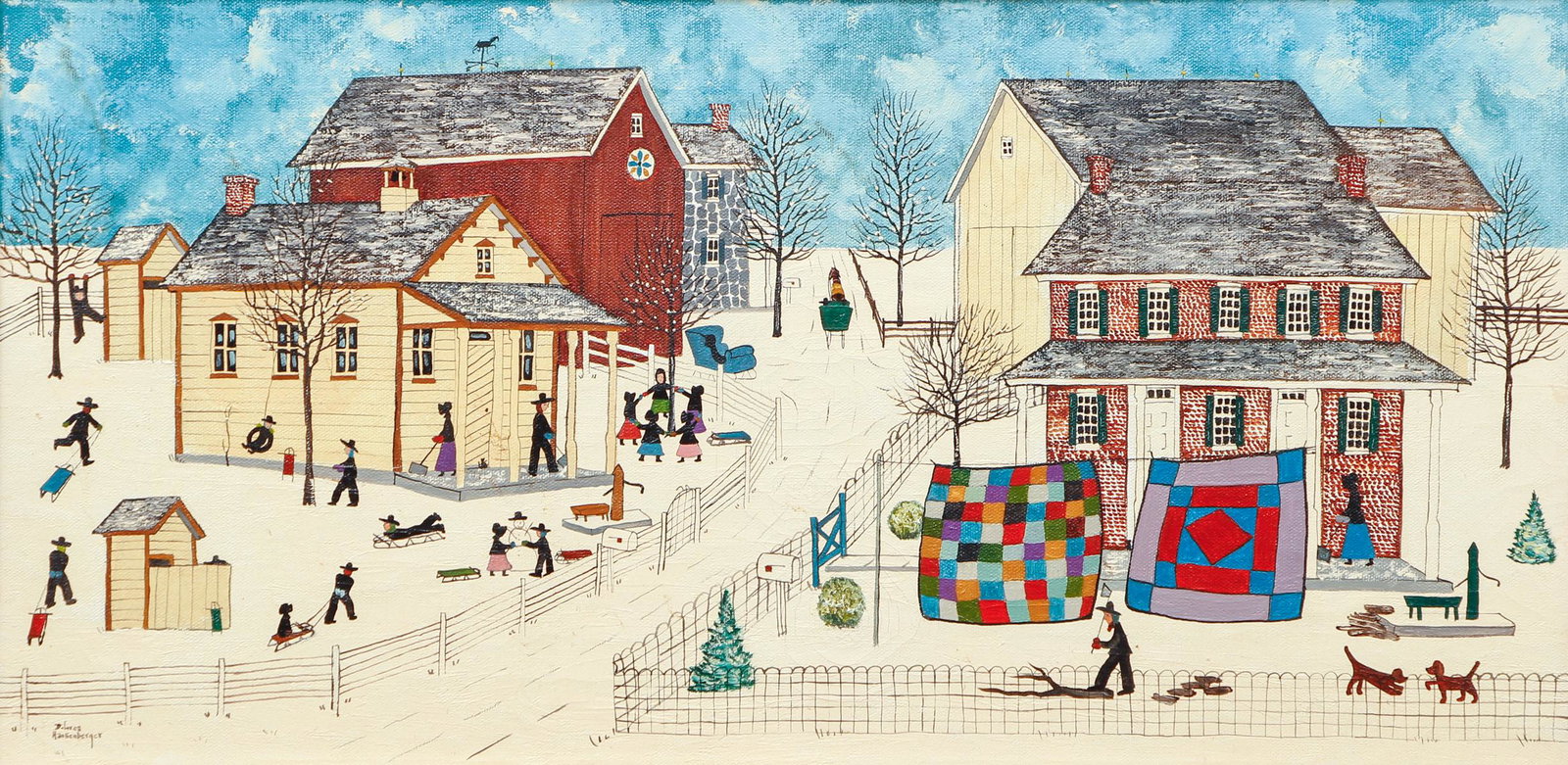 Doris Hackenberger Amish Life Painting: Hackenberger, Doris (Pennsylvania/American, born 1930) acrylic on canvas, depicting Amish life, 12 by 24 inches, in a wooden frame measuring 16 by 28 inches.
