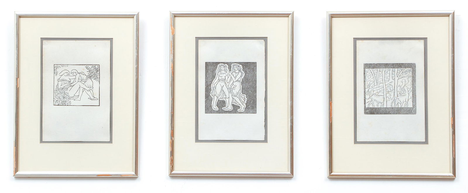 3 Maillol Woodcuts Daphnis Chloe: Maillol, Aristide (French, 1861-1944), Group of 3 woodcuts from Daphnis and Chloe, 1937, from the edition of 500 published by Gonin, sheets measure around 7.5 x 5 inches, all uniformly framed 13 x 9.5
