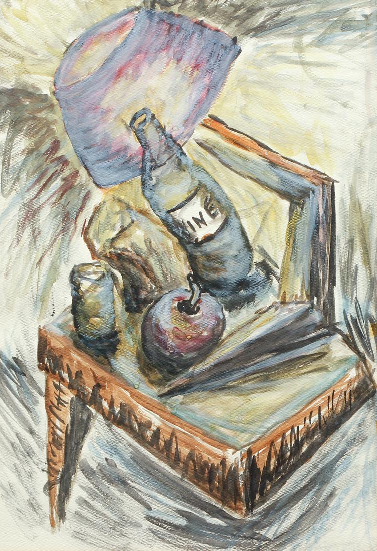 mid Century Cubist Still Life watercolor: Mid Century Modernist School, Still Life with Lamp, Apple, and Wine on Tabletop, watercolor, 20 x 13.75 inches, interesting and energetic composition, framed in a gold painted wood frame measuring 28.