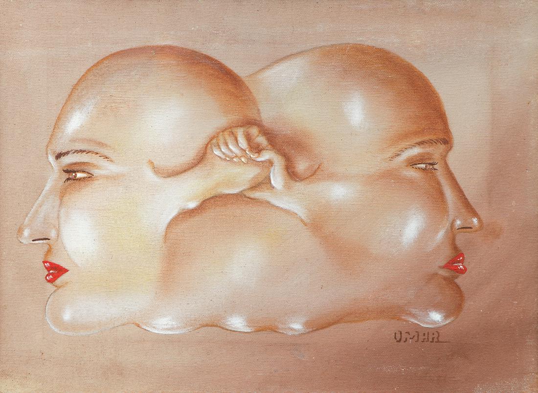 Surrealist Oil on Canvas Signed Omar: Surrealist oil on canvas signed Omar, measuring 9 by 11 1/2 inches, in a gold frame measuring 12 by 15 1/2 inches.