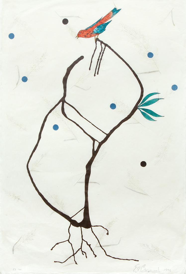 Ed Baynard The Little Bird and The Leaves of Grass 1996: Baynard, Edward (American, born 1940), he Little Bird and The Leaves of Grass 1996, Linocut/Relief/Pochoir with Thai Garden Grass collage, 35.50 x 24 inches, pencil signed, dated and inscribed ED 120,